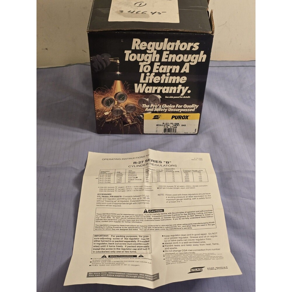 ​NOS ESAB Purox R-27-75-580 Single Stage Inert Gas Cylinder Regulator CGA 580...